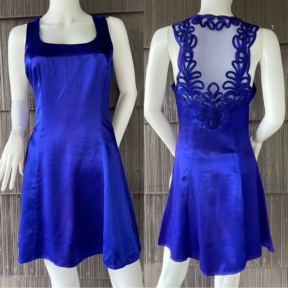 🔥Vintage 90s Jessica McClintock Cocktail Prom Party Mini Fit & Flare Blue Dress